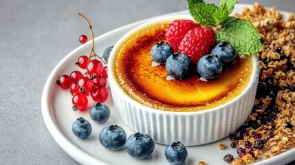 Indulge in creamy creme brulee dessert with berries gourmet kitchen food photography minimalist style close-up view