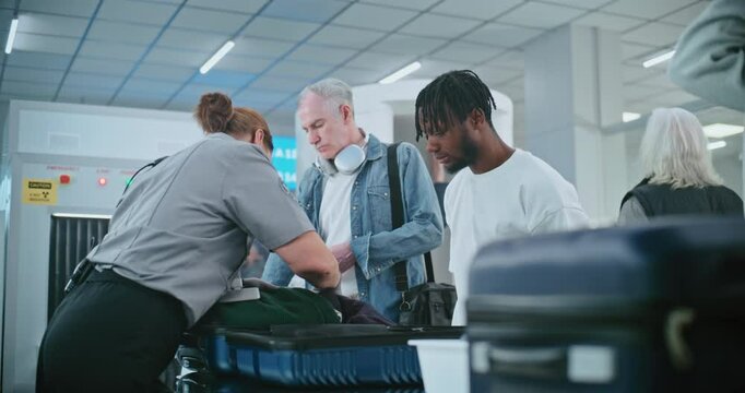 Security Checkpoint in Airport Terminal: Female TSA Worker Inspecting Baggage of Passenger before Boarding Flight, Finding and Confiscates Liquid. Queue of Diverse People During Screening Procedures.