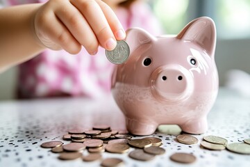 Child Inserting Coin Into Piggy Bank With Coins Scattered On The Table