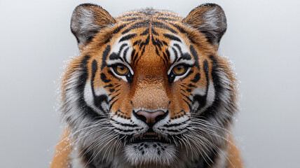 Fototapeta premium A Majestic Tigers Intense Gaze Pierces Through A Soft, Misty Background Showcasing Its Striking Orange And Black Stripes Isolated on Transparent Background