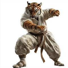 Fototapeta premium Tiger plays kung fu fighter isolated on white background Generative ai