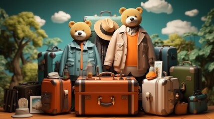 Fototapeta premium Cute Cartoon Bears Prepare for an Adventure with Travel Suitcases