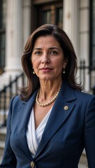 Fototapeta premium Hispanic middle aged woman politician outside government office background