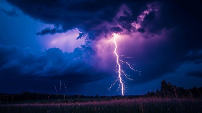 A stunning display of nature’s fury, a vibrant lightning bolt illuminates the dark sky over a serene landscape, capturing the raw power of a thunderstorm in vivid detail. - Powered by Adobe