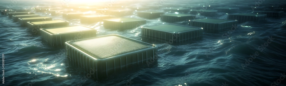 Poster AI-driven floating hydro turbine system design showcasing futuristic technology in renewable energy.