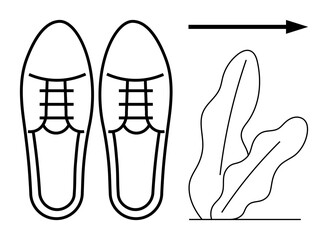 Pair of outlined shoes with forward arrow and plant silhouette emphasizing eco-friendly travel. Ideal for journey, sustainability, progress, outdoors, eco-tourism, minimalism, clean design. Flat