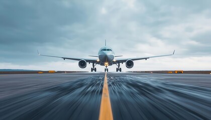 Obraz premium A modern airplane prepares for takeoff on a wet runway with dramatic skies overhead, illustrating the essence of air travel.