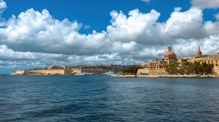 Fototapeta premium Scenic waterfront view of valletta malta relaxation coastal landscape bright sky photography