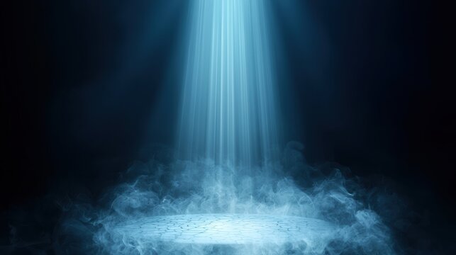 Illuminating light beam descending through mist dark environment digital art abstract viewpoint ethereal concept