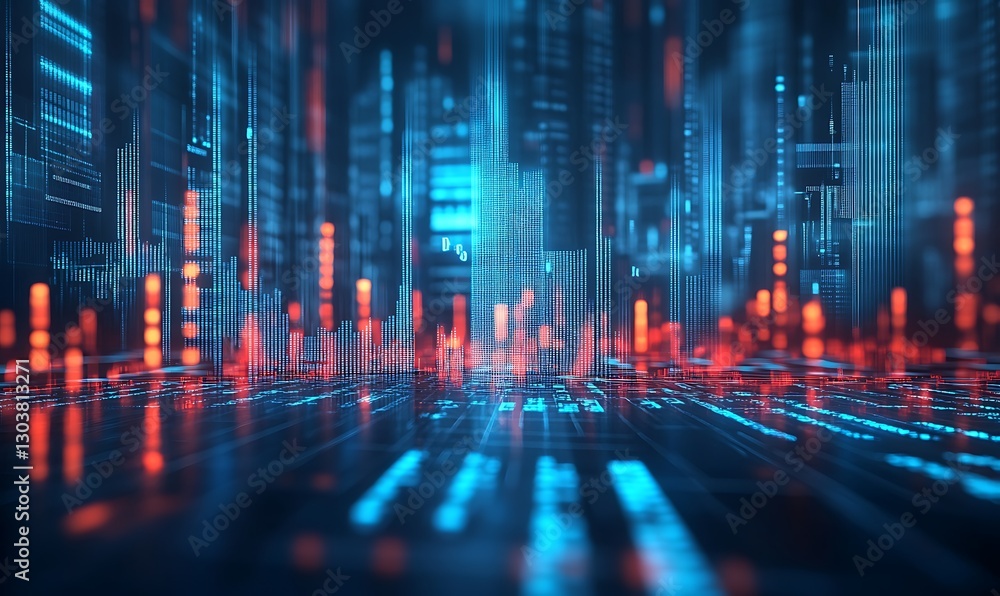 Poster ai-driven analysis of hedge funds in a futuristic market setting, illustrated in a visually engaging