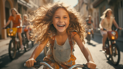 Fototapeta premium stylish city children on skateboards and bicycles in a group of friends ride along the streets of a colorful city in an incredibly positive atmosphere of happiness with the wind in their hair 