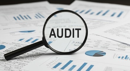 Financial audit analysis with magnifying glass on business documents overview