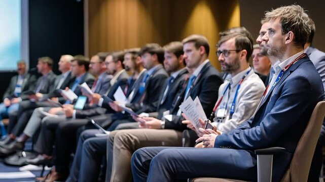 Focused audience at business conference actively listening to speaker presentation