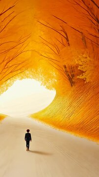 Surrealistic Autumn Forest Path with Figure by South Korean Illustrator Jiyoung Park in Vibrant Orange Hues