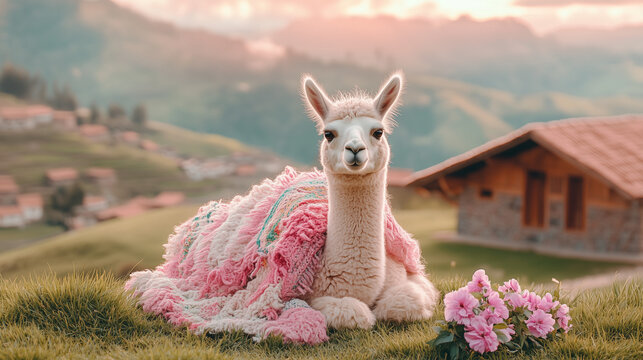 a close-up of a llama wearing a colorful traditional Peruvian blanket over its back