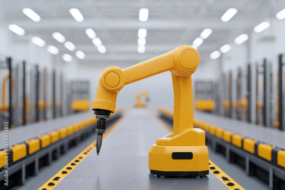 Poster automated yellow robotic arm in modern industrial setting, showcasing advanced technology and precis