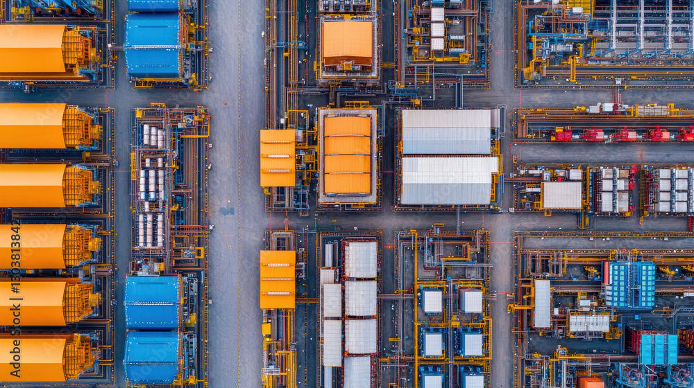 Poster aerial view of factory complex with colorful machinery and storage units, showcasing organized indus