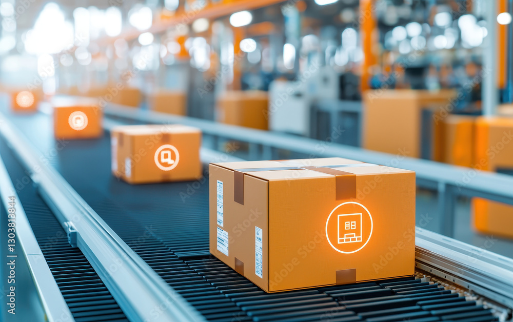 Poster automated conveyor system transporting cardboard boxes in warehouse, showcasing advanced supply chai
