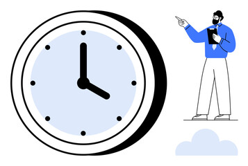Large wall clock with clear face beside businessman pointing while holding notepad, symbolizing planning, time management, punctuality, and organization. Ideal for productivity, work-life balance