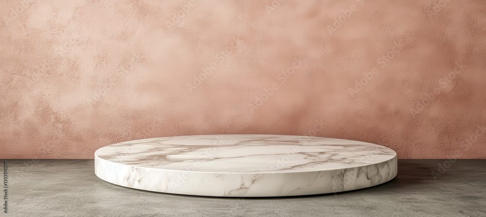 Poster round marble podium with soft light reflections against textured pink wall, creating elegant and mod