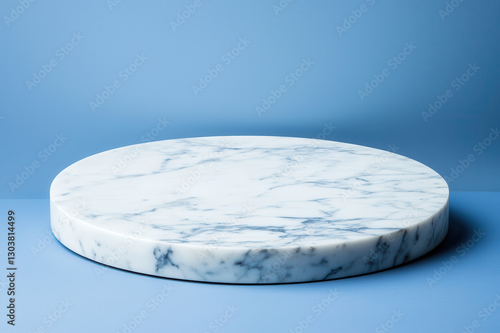 Poster elegant round marble podium with soft reflection on blue background, showcasing its smooth surface a