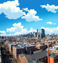 Obraz premium A breathtaking view of Brooklyn showcasing its diverse architecture, from historic brownstones to contemporary buildings, with the iconic Manhattan skyline rising in the background. The contrast betwe