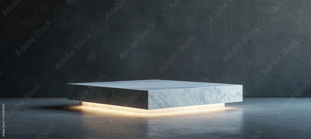 Poster modern marble platform illuminated with soft light, set against dark textured wall, creating serene 