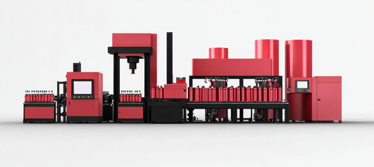 Obraz premium High tech factory setup featuring multiple red machines and assembly lines. This industrial scene showcases advanced manufacturing equipment designed for efficiency and productivity
