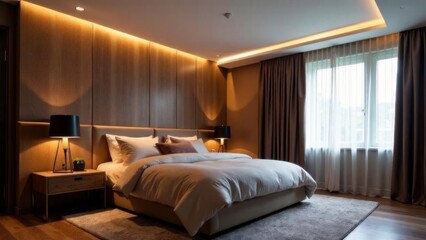 LED strip lighting along the edges a recessed ceiling in a modern luxury bedroom