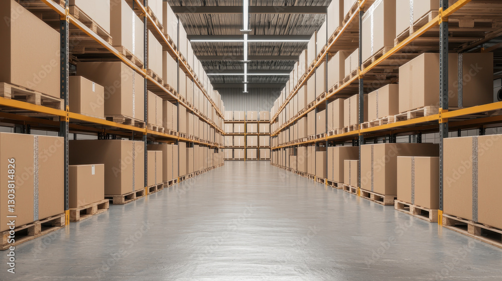 Poster organized warehouse with high capacity storage and stacked cardboard boxes, showcasing efficient mat