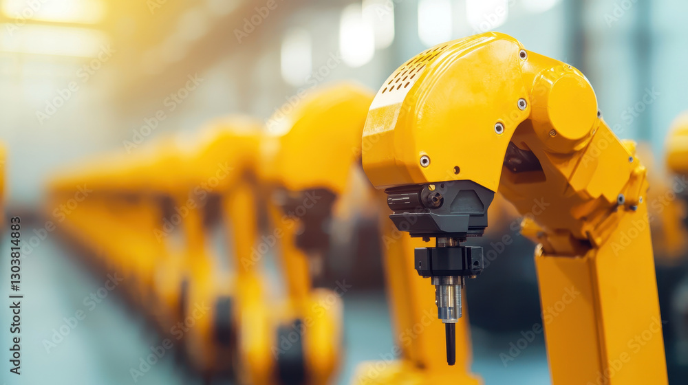 Poster high capacity production factory with skilled robotic arms in yellow. these advanced machines enhanc