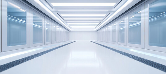 Obraz premium modern high tech factory interior featuring sleek white walls, bright lighting, and glass panels, showcasing innovative design and advanced materials