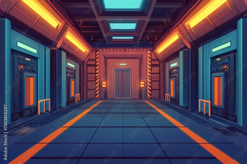 Poster futuristic interior of automation focused factory with sleek design, vibrant lighting, and advanced 