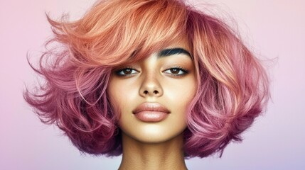 Fototapeta premium Trendy Pink Peach Balayage Hairstyle Short Wavy Hair Beauty Model