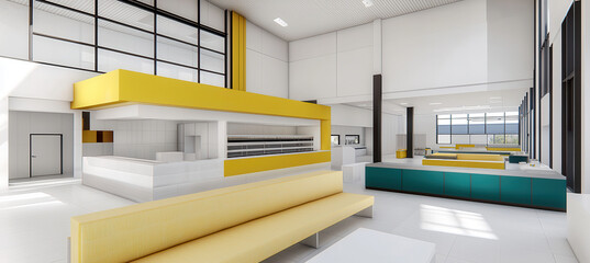 Modern interior of cutting edge manufacturing facility featuring bright yellow and teal accents, spacious layout, and large windows for natural light