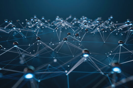 A futuristic conceptual artwork of an interconnected digital network with glowing nodes and artificial intelligence connections, symbolizing data security