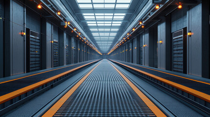 Obraz premium Large scale factory environment with production lines and industrial design. spacious interior features bright lighting and modern aesthetic, creating efficient workspace