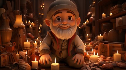 Cartoon Character in 3D Render Surrounded by Candles and Artifacts
