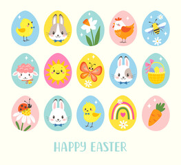 Vector set of cute Easter characters in colorful eggs shapes. Bright Easter clip art for stickers, greeting card, packaging.