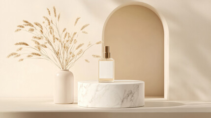 Elegant marble podium with perfume bottle and dried flowers