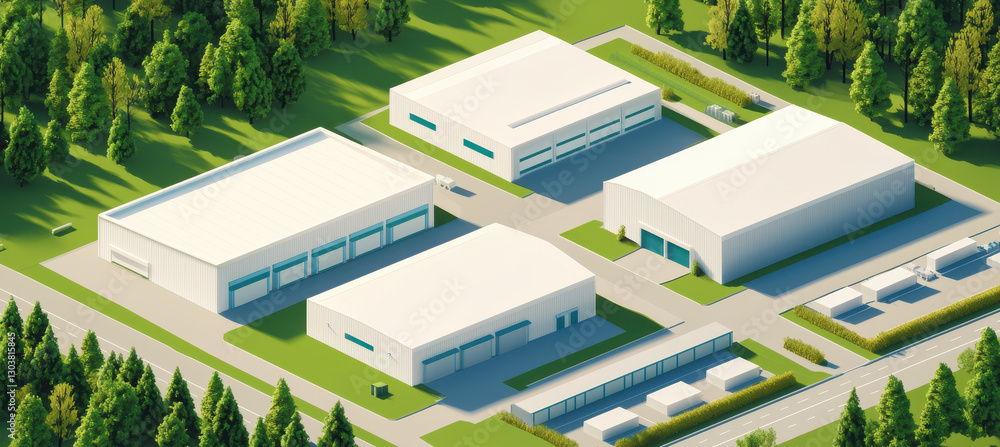 Aufkleber modern industrial factory layout with multiple buildings and green surroundings, showcasing clean an
