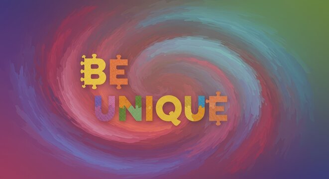 Inspiring puzzle text art on a swirling vibrant abstract background encourages individuality