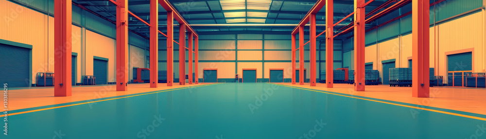 Poster spacious industrial factory interior with vibrant colors and large open space. design features tall 