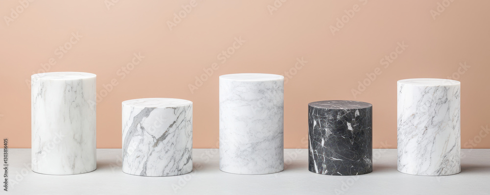 Poster elegant marble podiums in various sizes and colors arranged in line, showcasing geometric shapes and