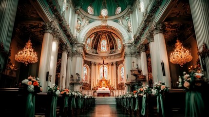 Majestic Church Interior  Wedding Ceremony  Floral Decor  Grand Architecture   Chandeliers