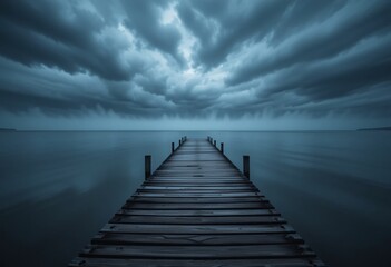 Fototapeta premium Tranquil Lake Pier. Peaceful Waters Reflecting The Moody Sky. A Wooden Path To Stillness. Dramatic Clouds Hover Above. Serene Water And Distant Horizon Await.