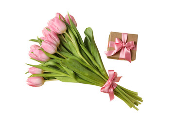 Fototapeta premium 8 March, International Women's Day, bouquet of pink tulips and box with a gift, top view, isolated on white background, PNG