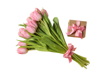 8 March, International Women's Day, bouquet of pink tulips and box with a gift, top view, isolated on white background, PNG