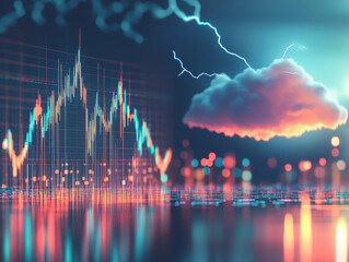 Stormy sky and turbulent stock chart showing volatile financial markets