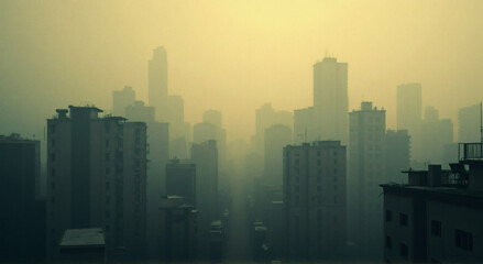 Fototapeta premium Dystopian City Smog Pollution, dystopian cityscape rendered in desaturated tones, with abandoned buildings shrouded in toxic smog.